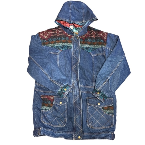 Vintage Jackets & Blazers - Vintage Out Brook South West Country Tribal Print‎ Ranch Chore Heavy Denim Coat